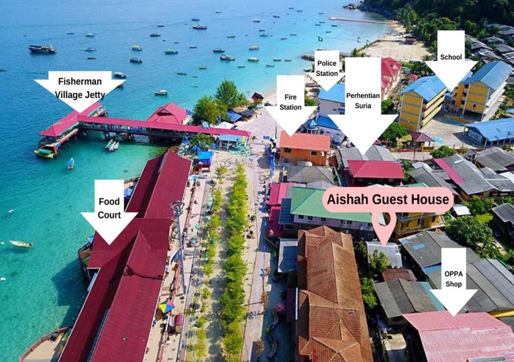 a map of an australian guest house and a beach at AISHAH GUEST HOUSE in Perhentian Island