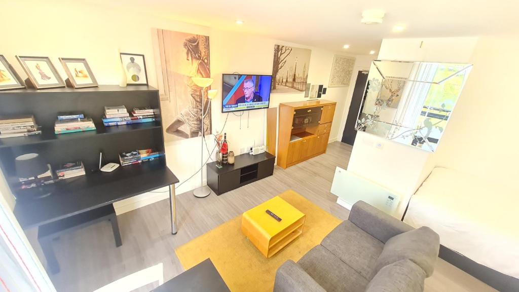シェフィールドにあるCompact Studio Serviced Apartment Sheffield City Centre - Netflix, WiFi, Digital TVのソファとテレビのあるリビングルーム