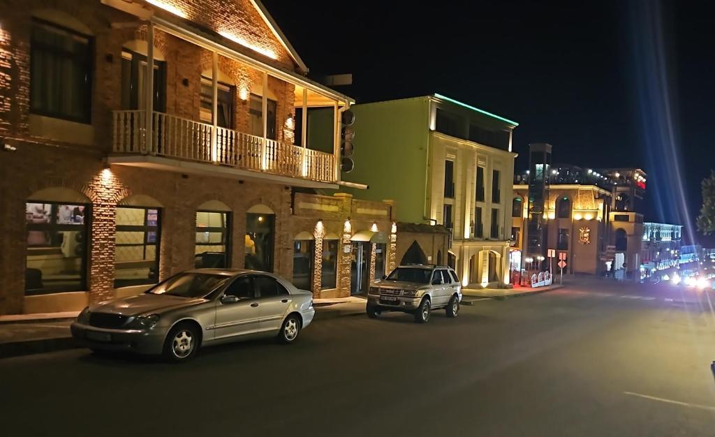dois carros estacionados numa rua da cidade à noite em Nadia & Minadora em Telavi