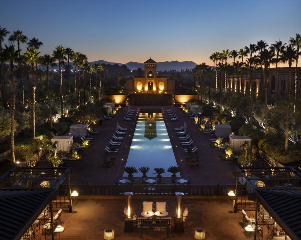 an aerial view of a resort with a pool at Selman Marrakech in Marrakesh