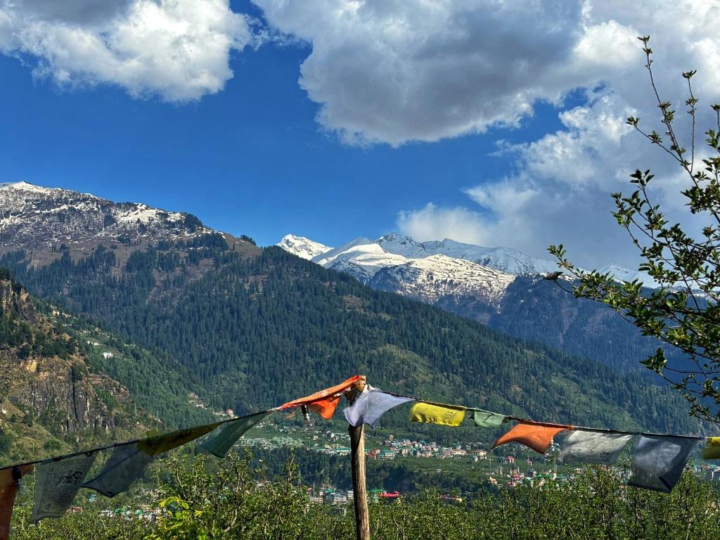 a group of prayer flags hanging on a mountain at Kihala Homestay in Manāli