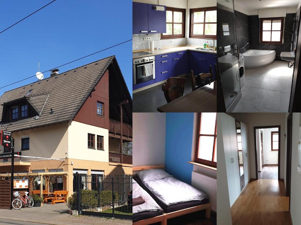 un collage de fotos de una casa en Ferienwohnung mit 123qm für 8 Personen mit sehr großem Garten, einfache Innen-Ausstattung, en Leipzig