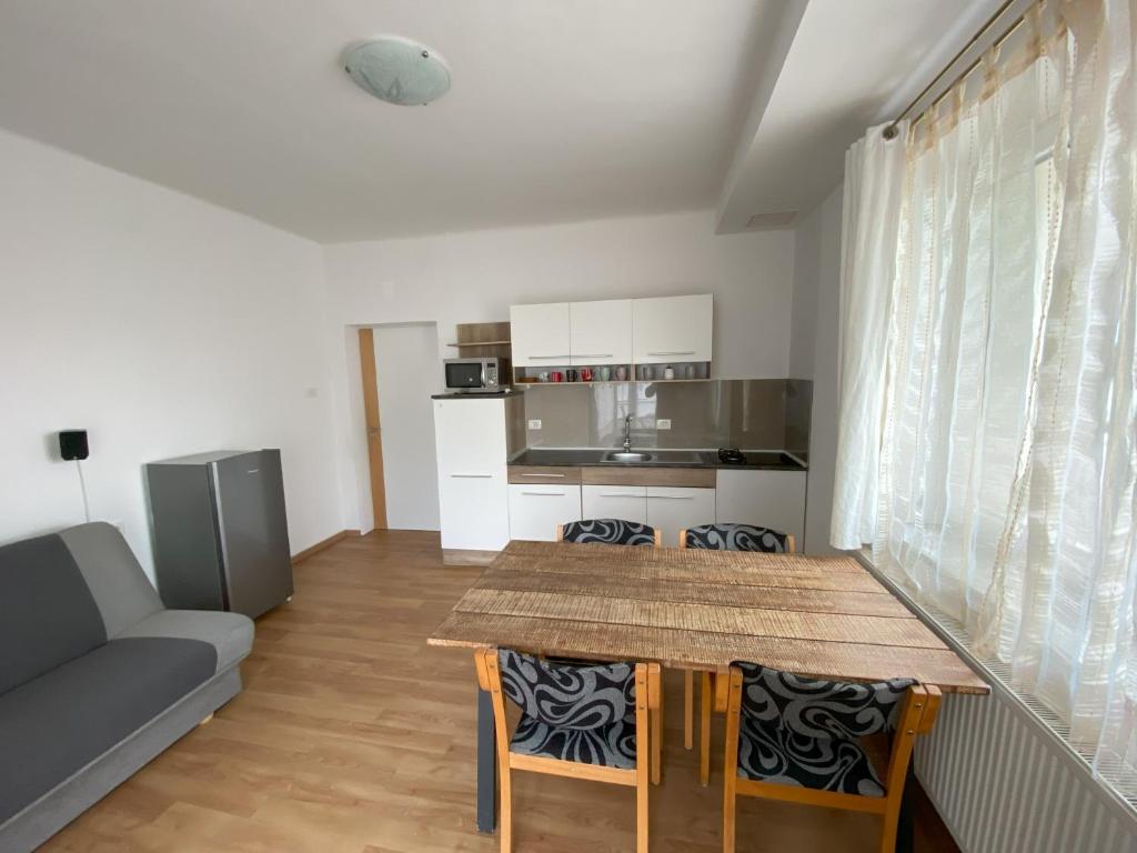 Il comprend une cuisine et un salon avec une table et des chaises. dans l'établissement Villa Acernis, à Postojna