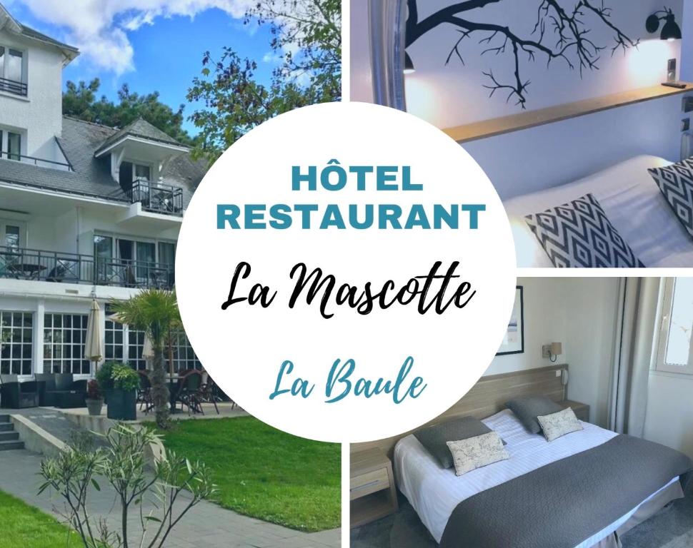 eine Collage mit Bildern eines Hotelzimmers mit einem Bett in der Unterkunft Hôtel-Restaurant La Mascotte in La Baule