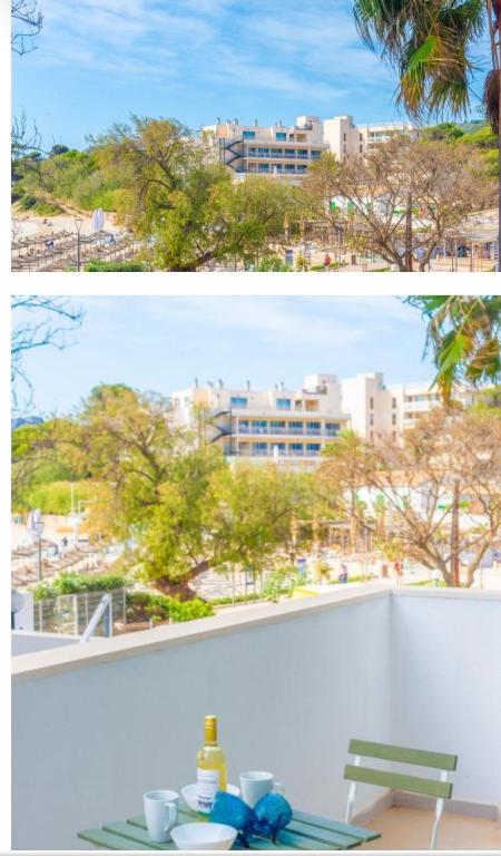 two pictures of a view of a city from a table at Hugo 1 in Cala Ratjada