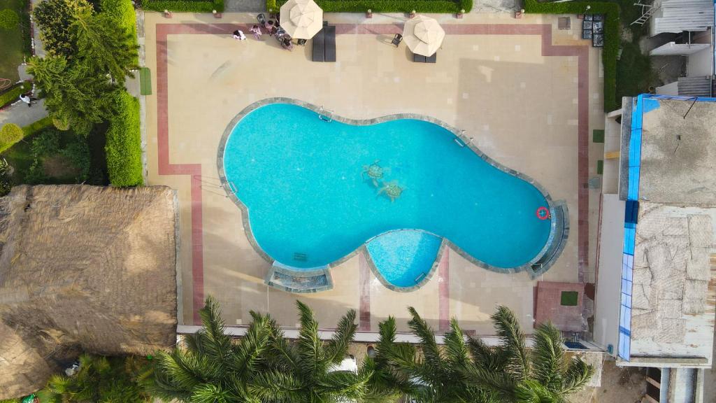 an overhead view of a swimming pool in a resort at Corbett Fun Resort in Rāmnagar