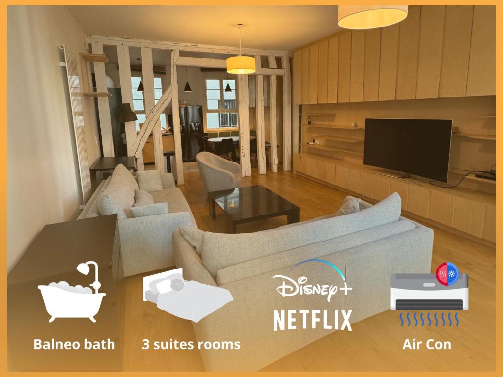 uma sala de estar com um sofá e uma televisão em 3 Suites appartement em Paris