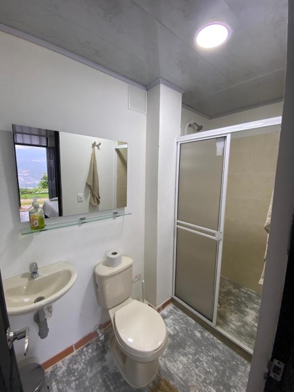 La salle de bains est pourvue de toilettes, d'un lavabo et d'une douche. dans l'établissement GREEN APARTMEN "el bosque", à Girón
