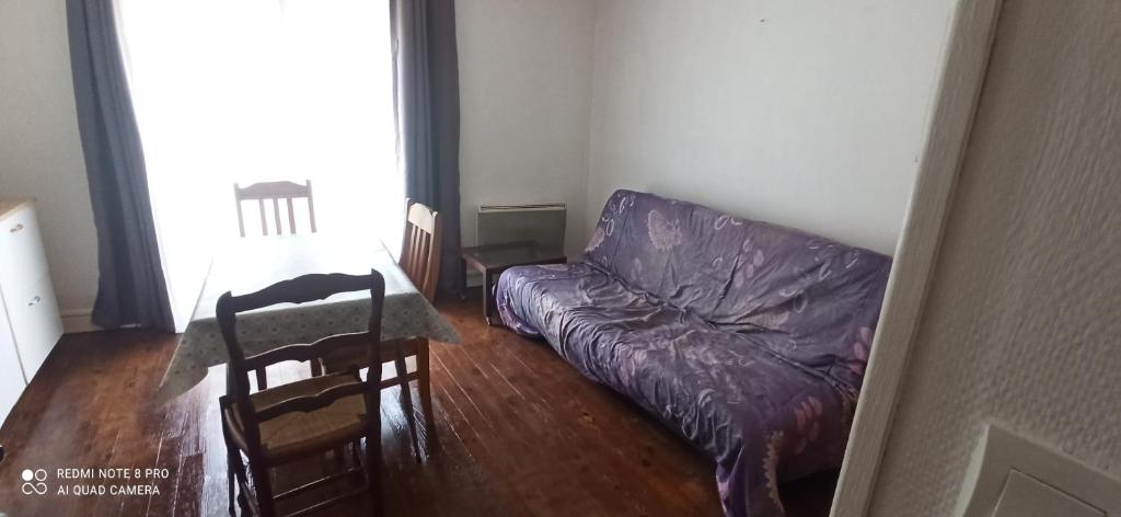 un salon avec un canapé et une table dans l'établissement Studio n5 cabine Bagneres de Bigorre, à Bagnères-de-Bigorre