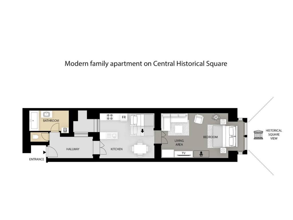 Půdorys ubytování Modern family apt. with Central Square entrance