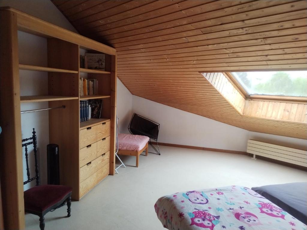 a bedroom with a window and a bed and a desk at Appartement Le Grand Nid - Bed and Books in Sciez