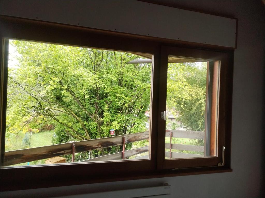 a window in a room with a view of a tree at Appartement Le Grand Nid - Bed and Books in Sciez