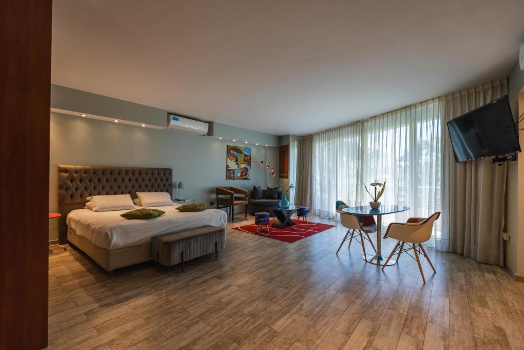 布宜諾斯艾利斯的住宿－Shoshana Hotel Boutique，一间卧室配有一张床、一张桌子和一台电视。