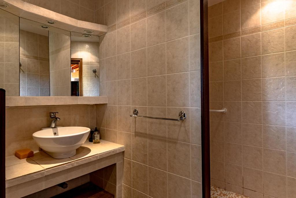 a bathroom with a sink and a shower at Gîtes et chambres croix du sud in Saint-Amand-de-Vergt