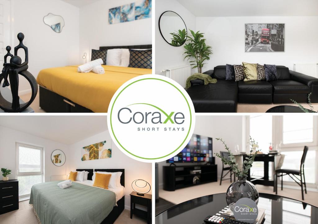 un collage de fotos de un dormitorio y una sala de estar en Modern 2 Bedroom Retreat, en Kent