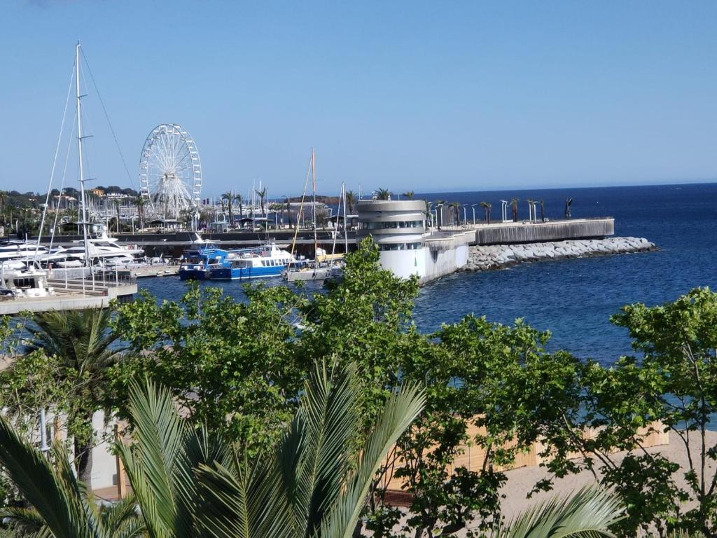 un port de plaisance avec des bateaux et une roue ferris en arrière-plan dans l'établissement Liberty Fréjus plage vue mer panoramique, à Fréjus