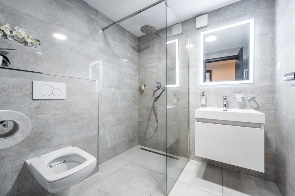 a bathroom with a toilet and a sink and a shower at Hotel Zlaté Košice in Košice