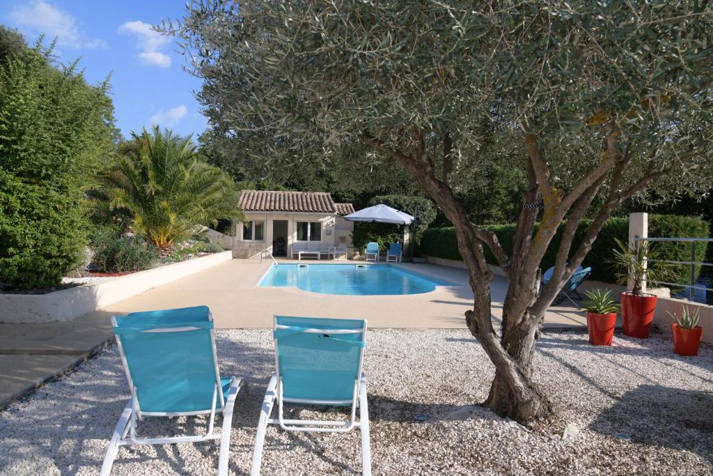 duas cadeiras azuis sentadas ao lado de uma piscina em Ailleurs Land - Provence em Néoules