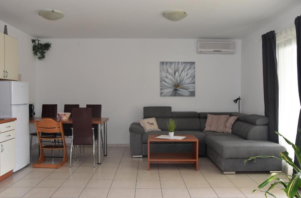 ein Wohnzimmer mit Sofa und Tisch in der Unterkunft Apartmani Andrea in Čižići