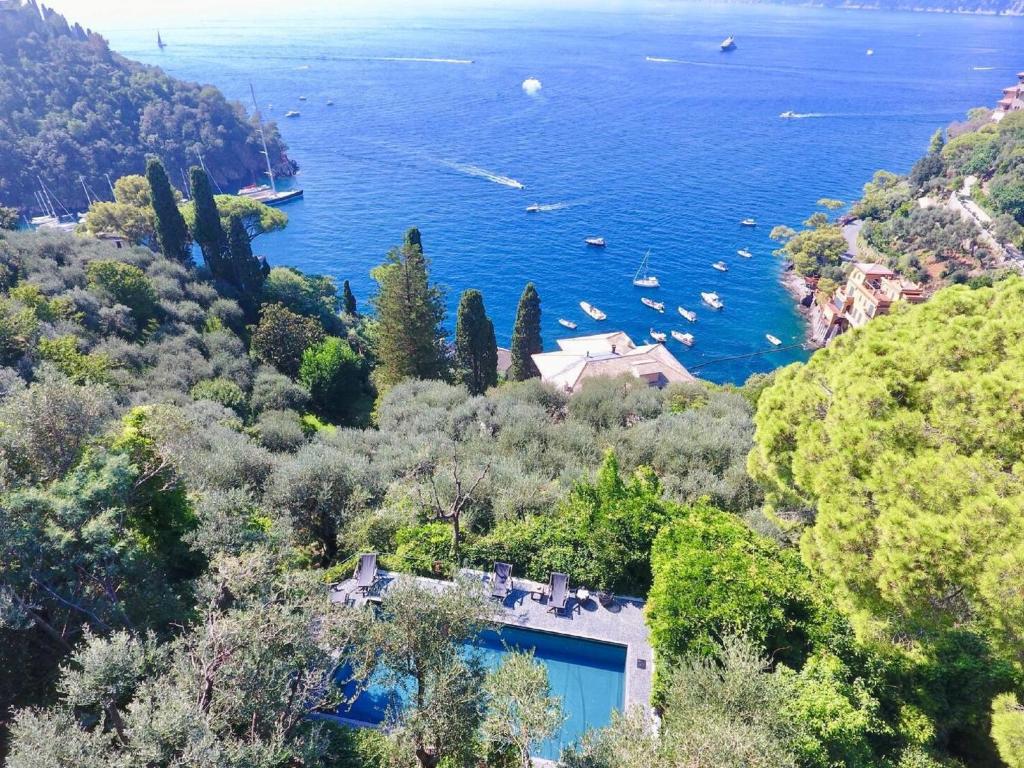 Vista sulla piscina di Villa di lusso a Portofino o su una piscina nei dintorni