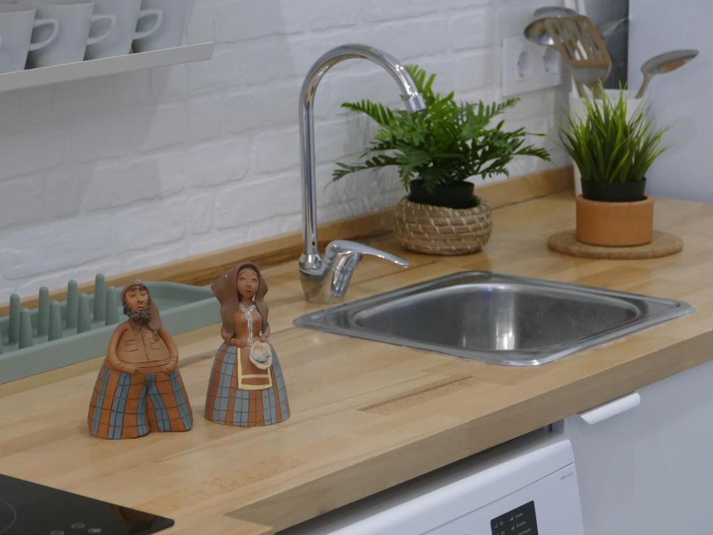 Dos figuras en una encimera de cocina junto a un fregadero. en Casa en playa Santa Marta, en Baiona