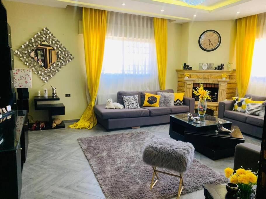 sala de estar con sofás y chimenea en Laura's Stylish Villa, en Madaba