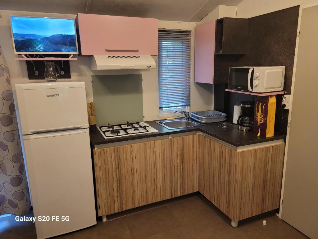 Kuchyň nebo kuchyňský kout v ubytování MOBIL HOME 4 à 6 PERS Le Canet en Roussillon