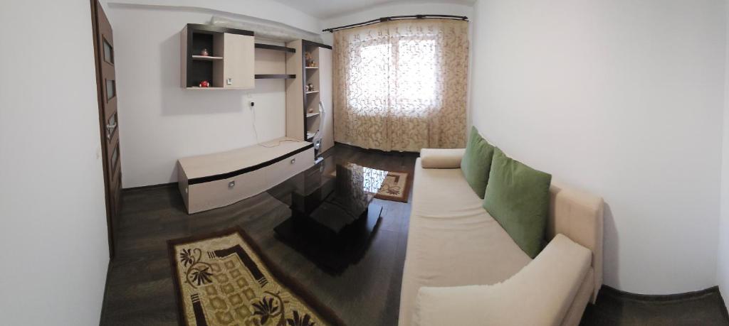 ein Wohnzimmer mit einem Sofa und einem Tisch in der Unterkunft Spatios si calduros in Floreşti