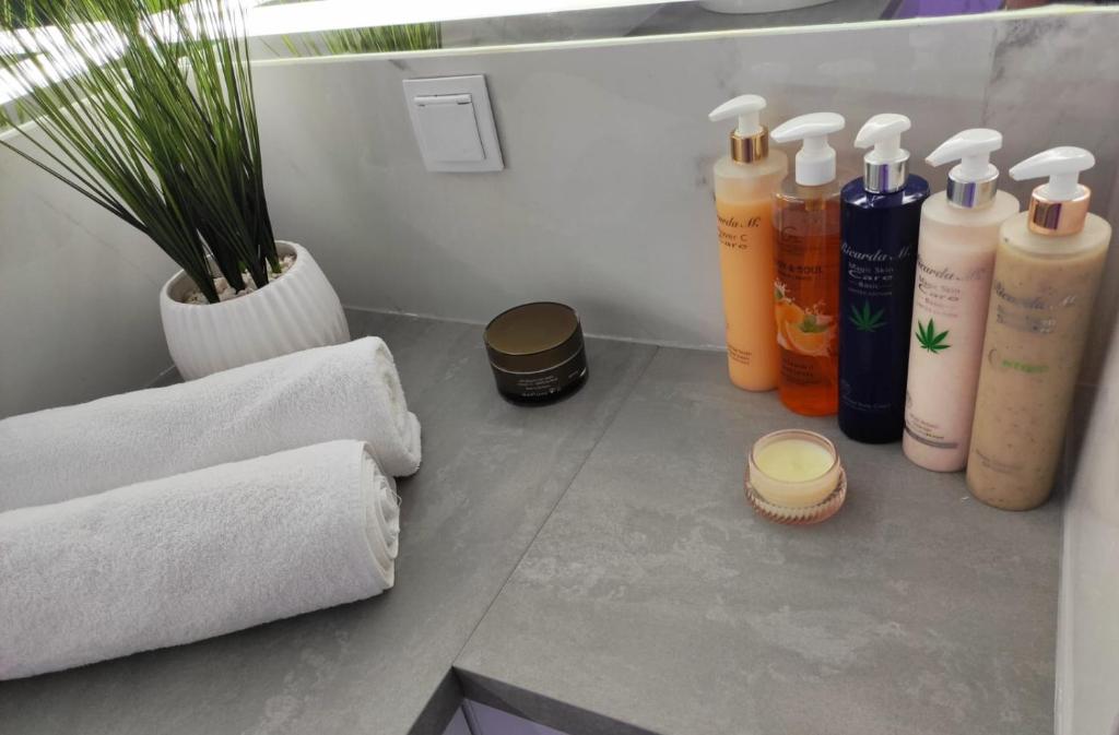 un bancone del bagno con bottiglie di sapone e una pianta di Apartament Prestige Spa Dziwnów a Dziwnów
