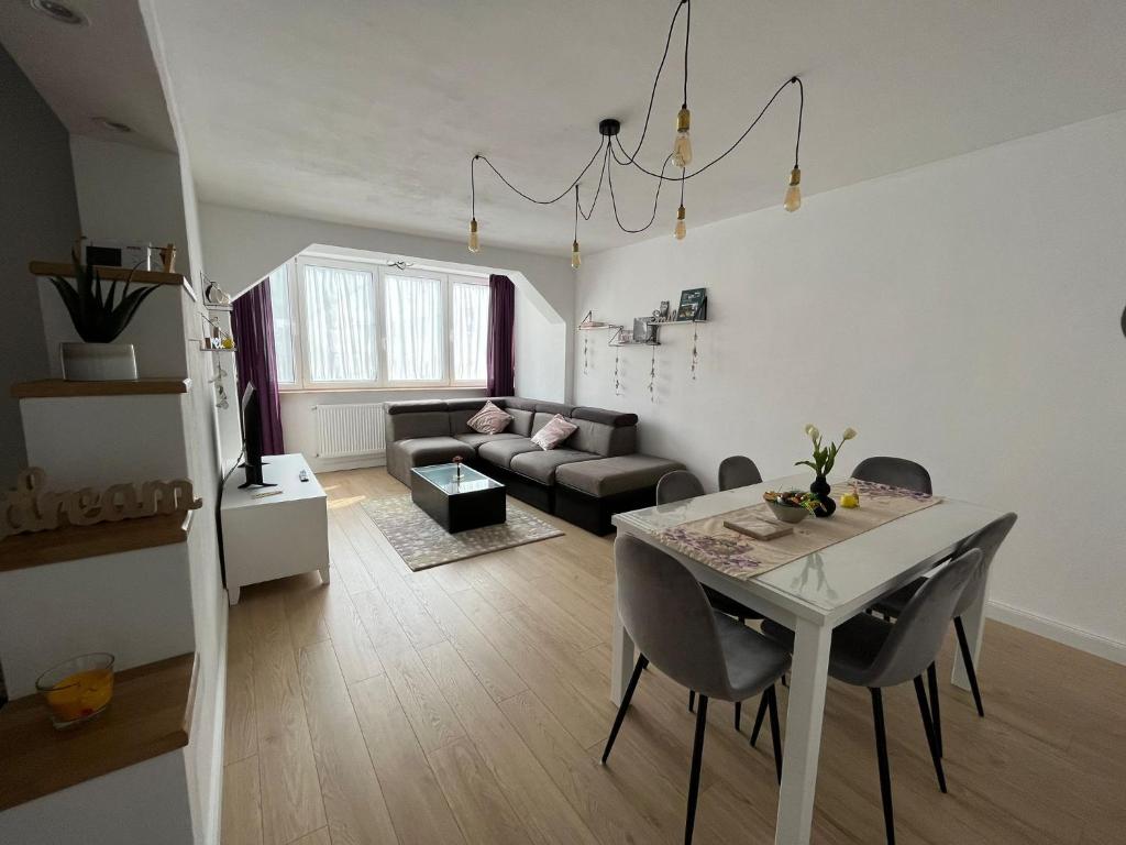sala de estar con mesa y sofá en Apartament Central, en Vişeu de Sus