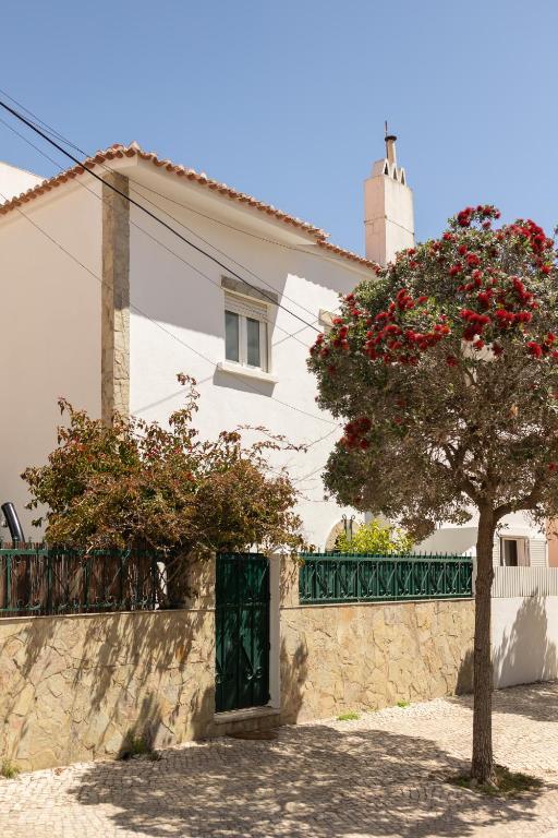 a house with a tree in front of a wall at Elisabeth Holidays House in Costa da Caparica