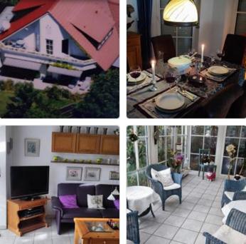 eine Gruppe von vier Bildern eines Wohnzimmers in der Unterkunft Luxus-Wohnung mit Garten, Terrasse & Wall-Box bei Dinkelsbühl in Dinkelsbühl