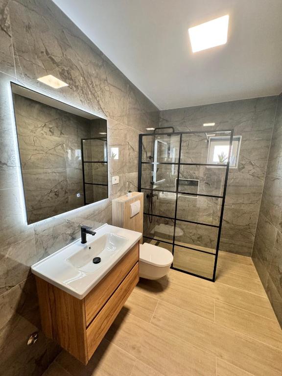 łazienka z umywalką, toaletą i lustrem w obiekcie Apartment Metajna 6465a w mieście Metajna