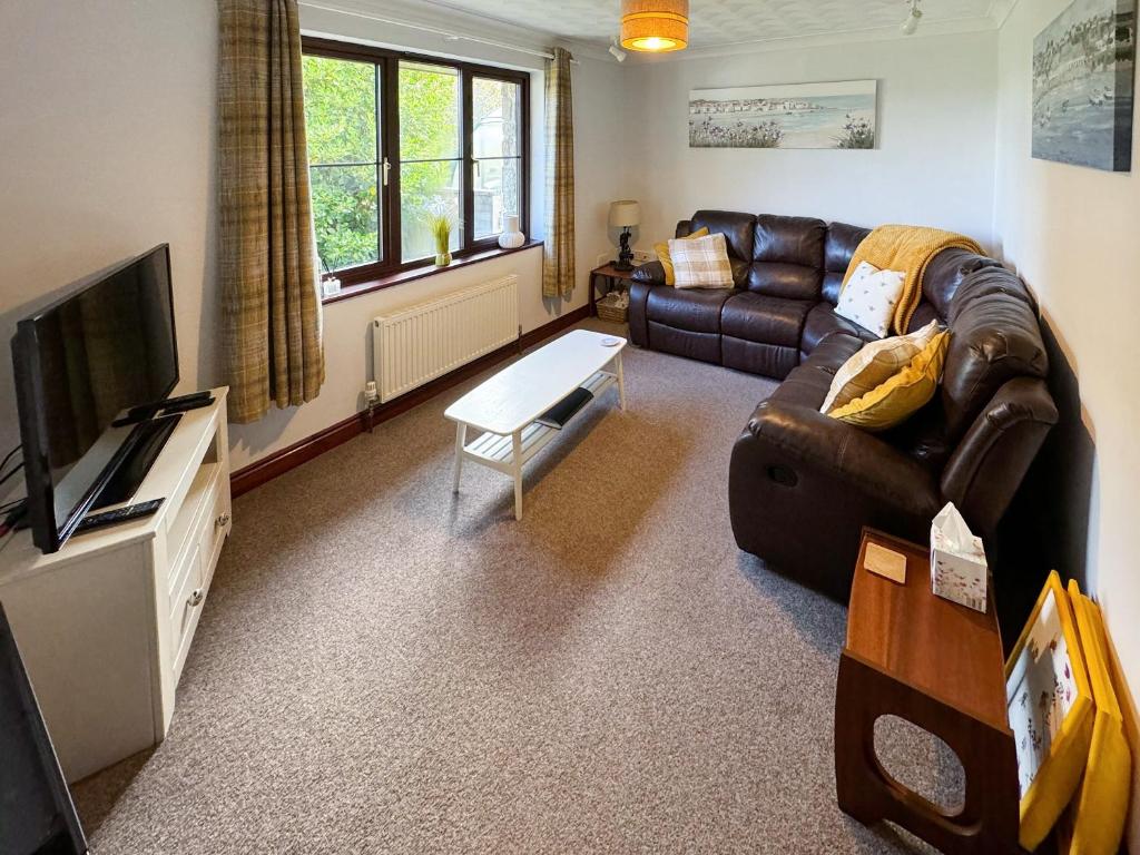 a living room with a couch and a television at Highbury House in Camborne