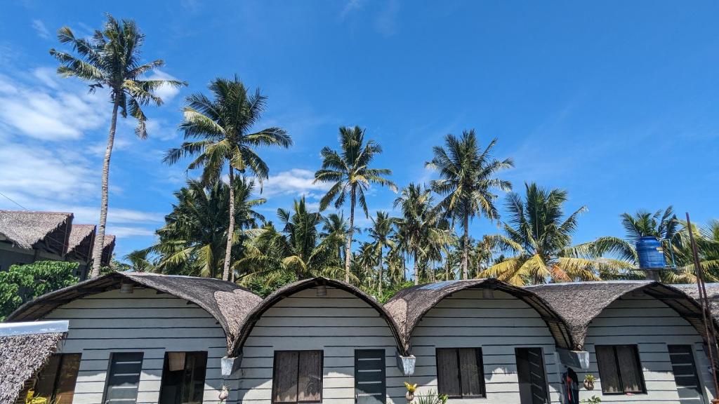 a row of buildings with palm trees in the background at Point F Siargao in Catangnan