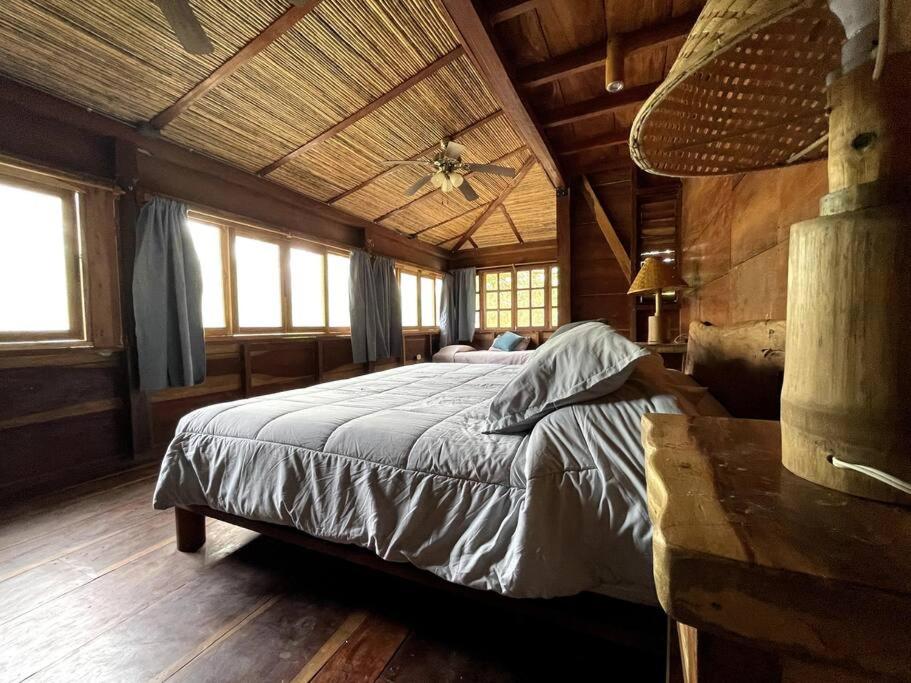 a bedroom with a bed and a ceiling fan at La Hacienda de Las Planadas - next YankeeBeach in Escamequita