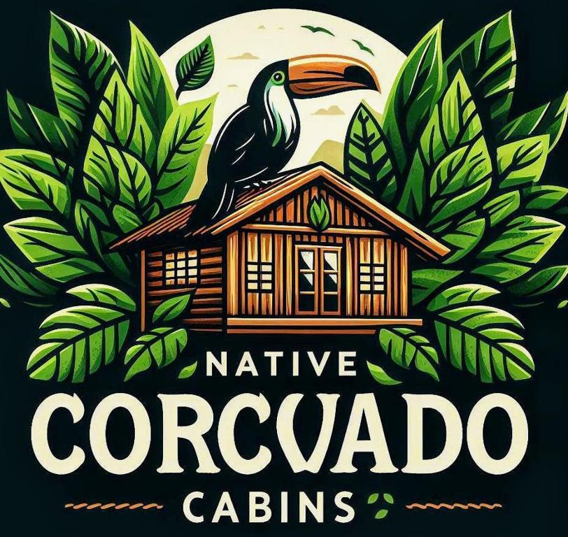 ein Logo für eine Kazonoco-Hütte mit einem Vogel in der Unterkunft Nativos Corcovado cabins in Drake
