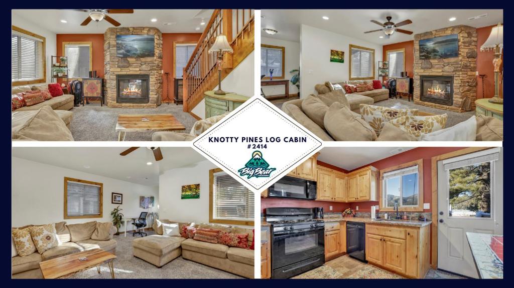 un collage de trois photos d'un salon et d'une cuisine dans l'établissement 2414-Knotty Pines Log Cabin cabin, à Big Bear City