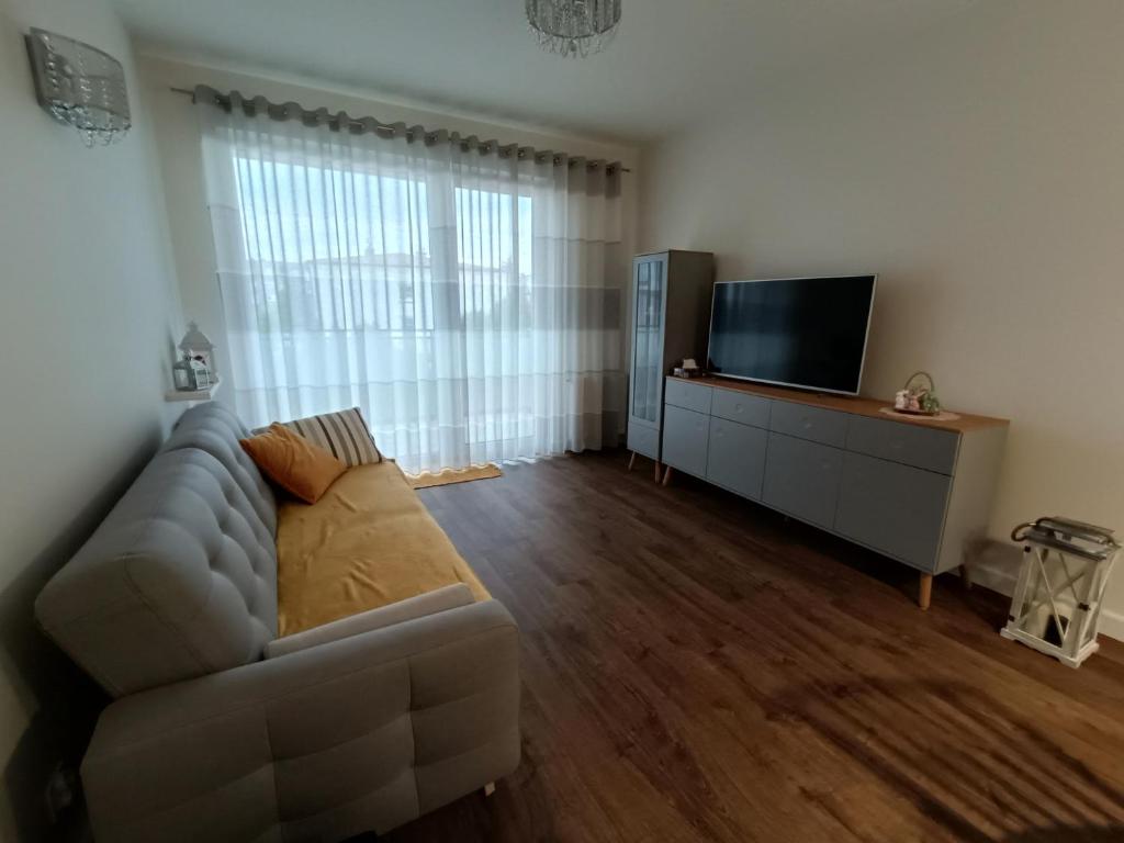 un soggiorno con divano e TV a schermo piatto di Apartament Łokietka a Radomsko