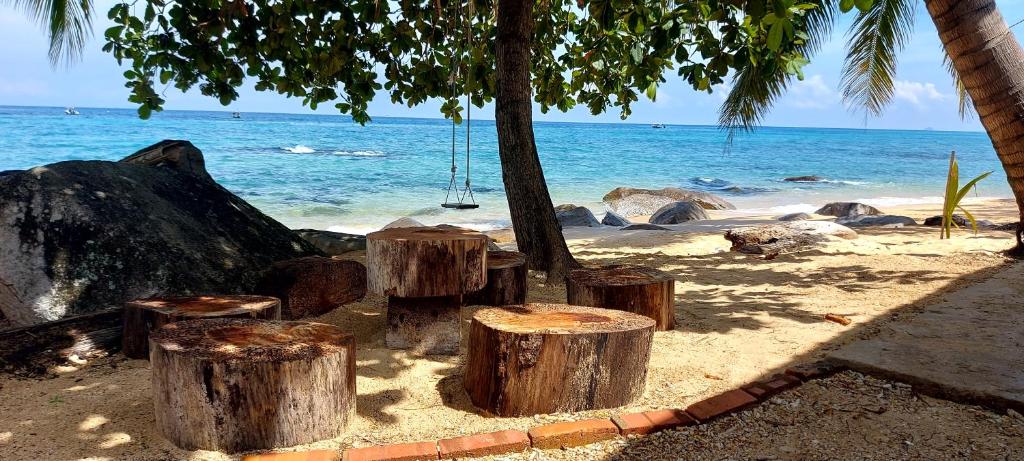 un grupo de troncos de árbol sentados en la playa en Home Away Tioman Island en Tioman Island