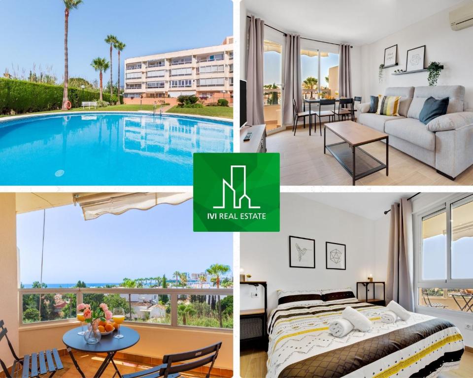 een collage van foto's van een hotelkamer met zwembad bij Vistamarina A409 By IVI Real Estate in Torremolinos