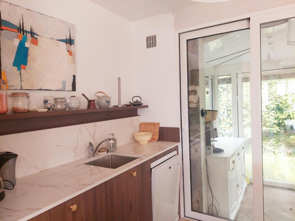 eine Küche mit einer Spüle und einer Arbeitsplatte in der Unterkunft Villa entière avec jardin in Aix-les-Bains