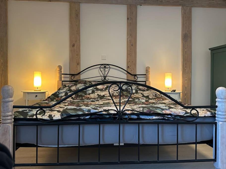 a bed in a room with two lights and two lamps at Rustica im alten Speicher in Schönberg