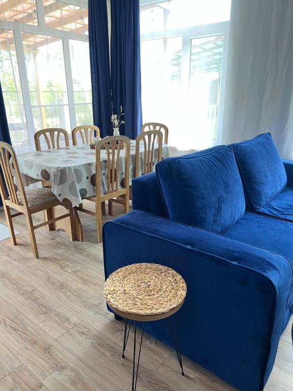 a living room with a blue couch and a table at AiDaMaX 2 in Cholpon-Ata