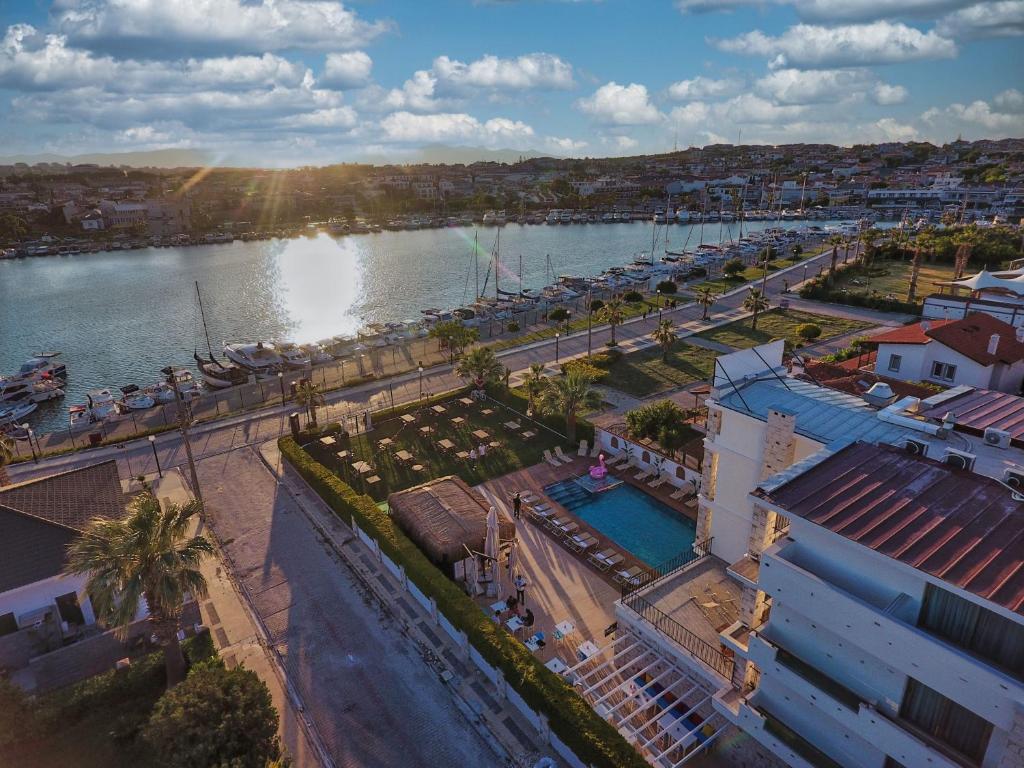 an aerial view of a marina and a river at Sirius Mİ Sun Paradise Hotel Çeşme in Çeşme