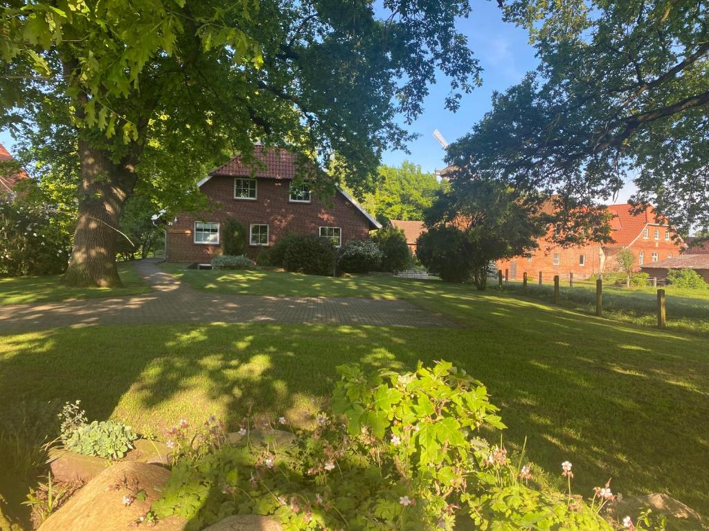 a large yard with a large tree and a house at Wohnung an der Mühle in Eystrup