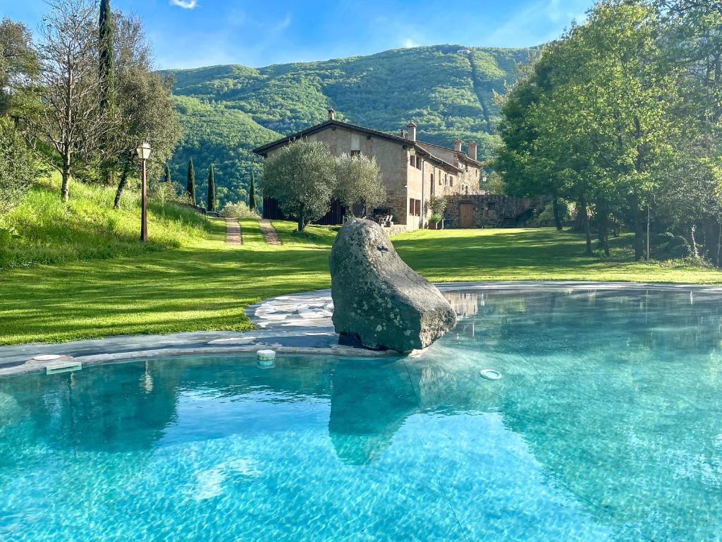 uma rocha sentada no meio de uma piscina de água em Aiguabella - Allotjaments Rurals em Sant Felíu de Pallarols