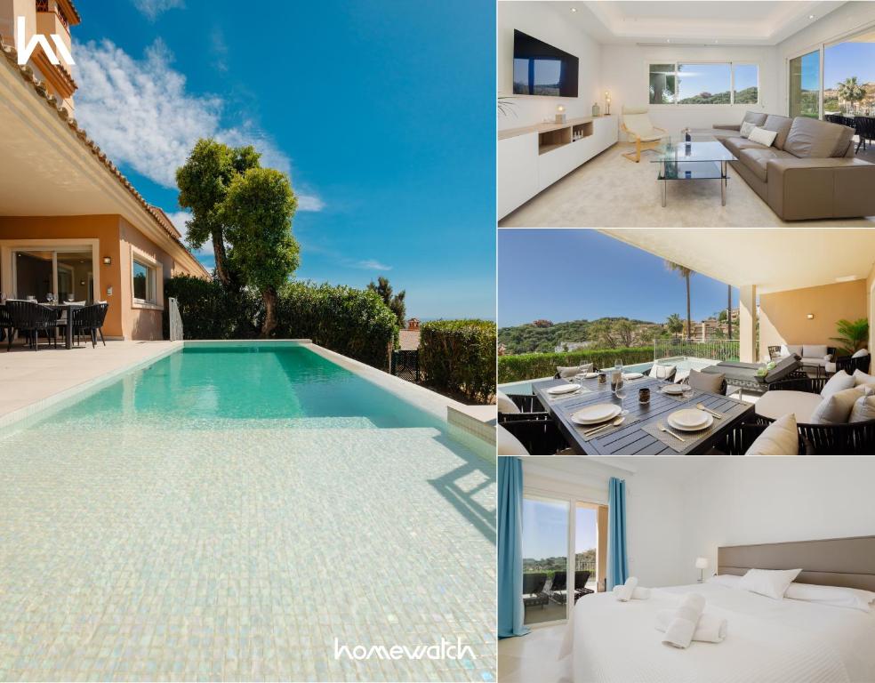 un collage de photos d'une maison avec une piscine dans l'établissement Private infinity pool with sea views in La Mairena, Marbella, à Sitio de Calahonda