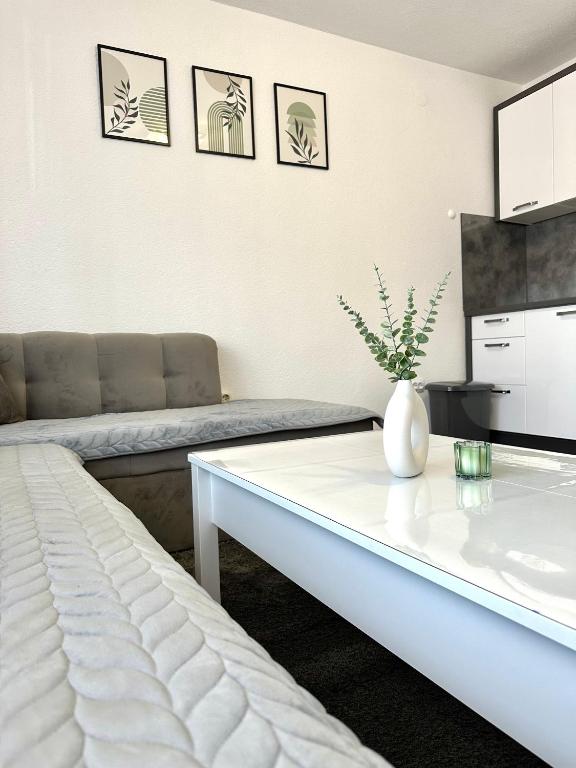 een woonkamer met een bank en een salontafel bij Apartman Lara Laktasi in Laktaši