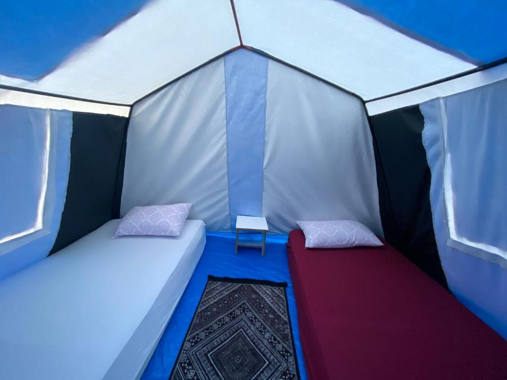 two beds in the inside of a tent at Koza Camping in Dağpınar